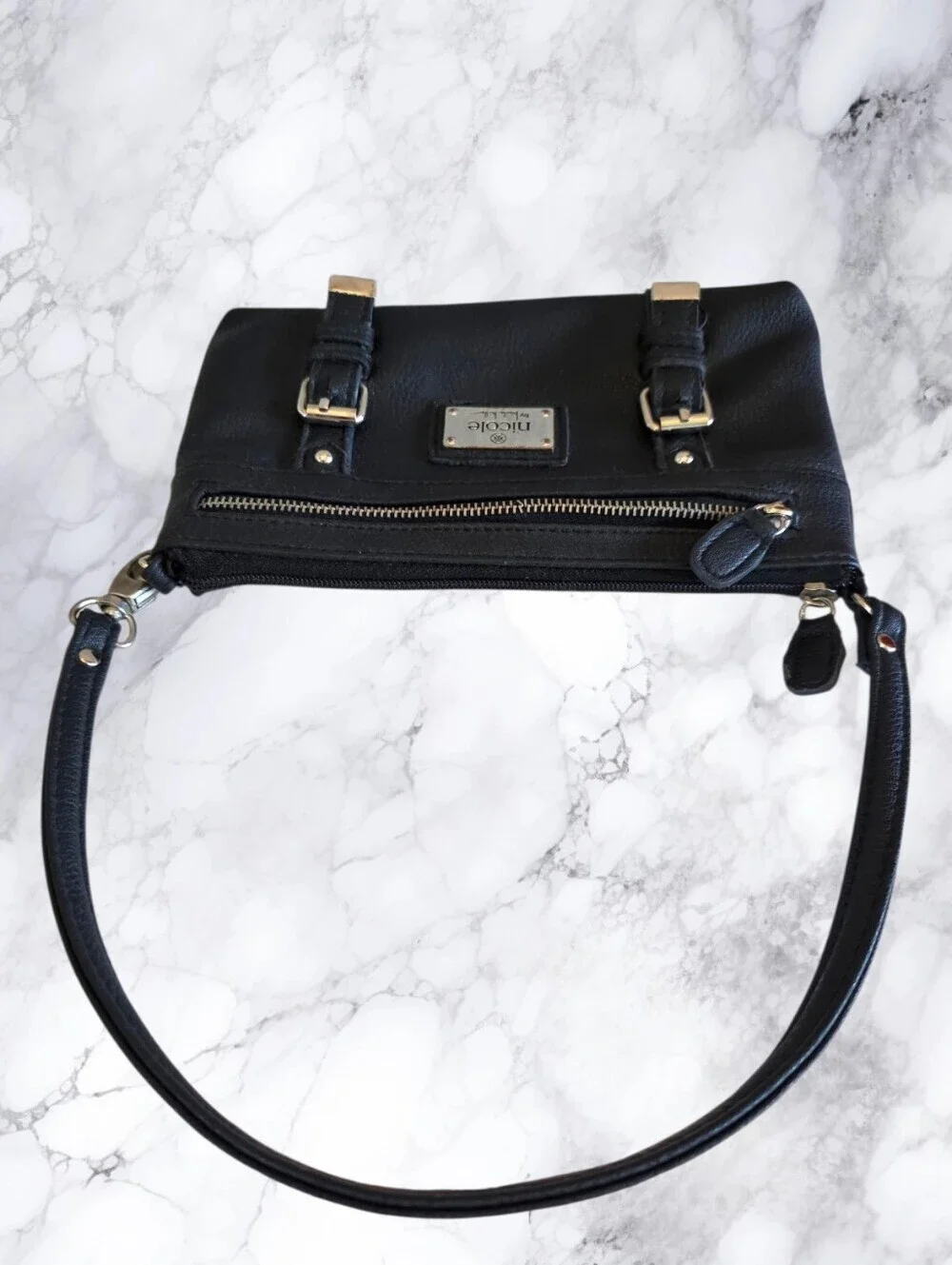 Nicole by Nicole Miller Black Mini Shoulder Bag Y2K Moto Buckle Wristlet
